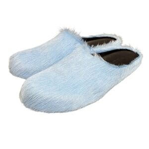 Marni Fussbett Sabot Mens 44 US 11 Blue Calf Hair Furry Mules Slides Shoes